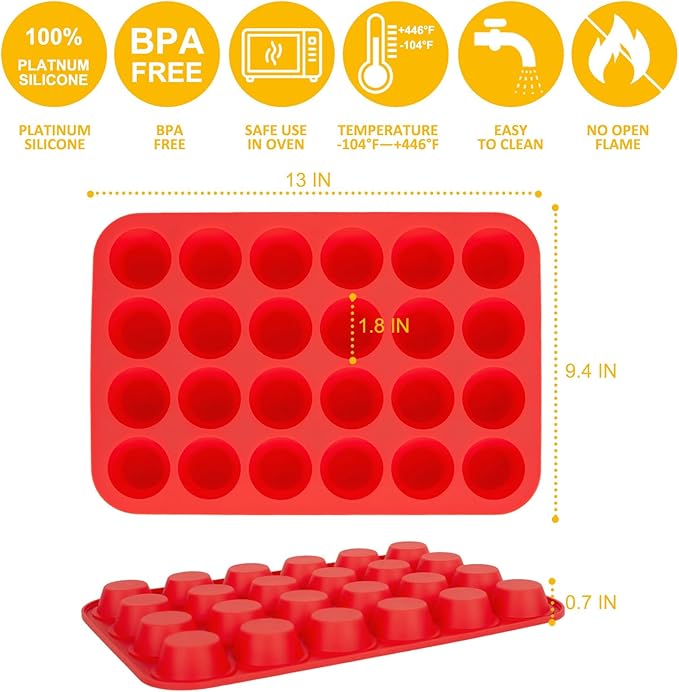 Laexepelle 24 Cups Silicone Muffin Pan Mini Cupcake Pan Nonstick Silicone Molds Great for Making Muffin Cakes, Bread, Cookie, Tart - BPA Free Muffin Liners Baking Accessory