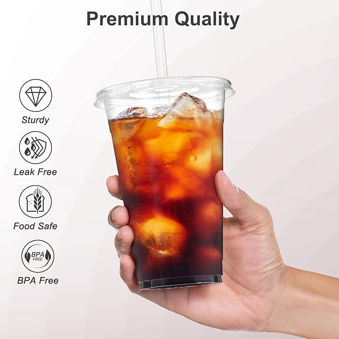Dealusy 100 Pack - 20 oz Clear Plastic Cups with Lids and Straws, Sturdy & Food Safe Iced Coffee Cups with lids, Disposable Plastic Smoothie Cups for Cold Drinks