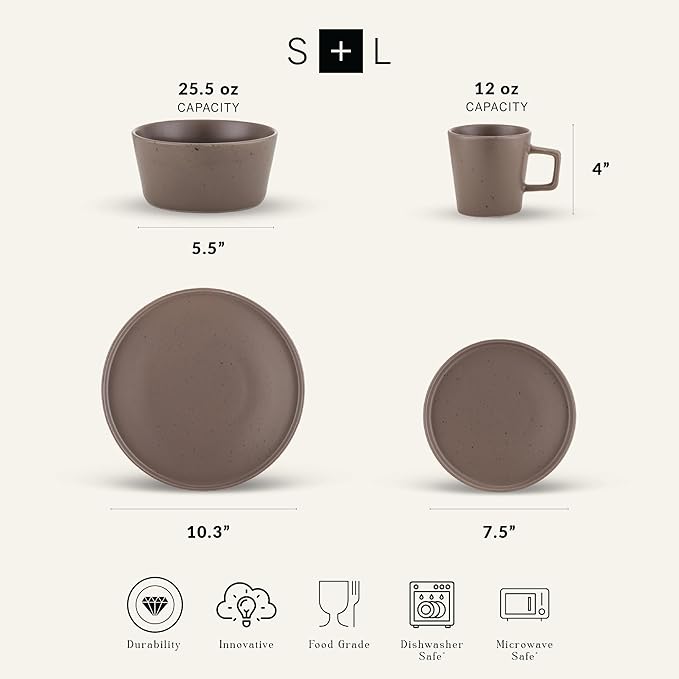 Stone Lain Celina Stoneware 16-Piece Modern Dinnerware Set, Plates and Bowls, Matte Brown, Service For 4, Microwave & Dishwasher Safe