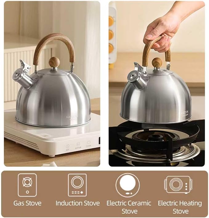 MAXCOOK 18/8 Stainless Steel Tea 2.1 Quart Kettle for Stovetop，Silver