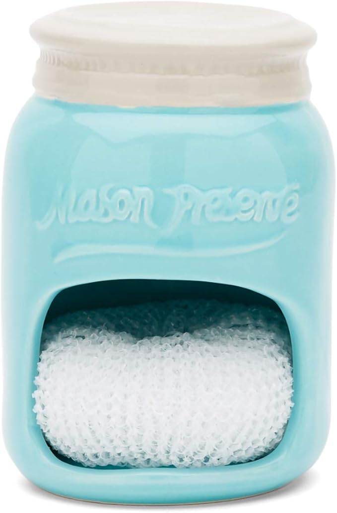 Fox Run Ceramic Mason Jar Holder with Sponge, 3.5 x 3.5 x 5 inches, Blue