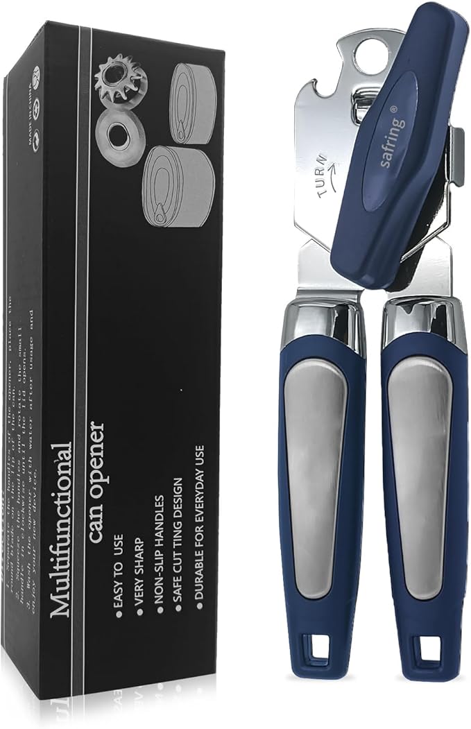 Safring Can Opener Manual, Handheld Strong Heavy Duty Stainless Steel Can Opener, Comfortable Handle, Sharp Blade Smooth Edge, Can Openers with Multifunctional Bottle Opener, Blue