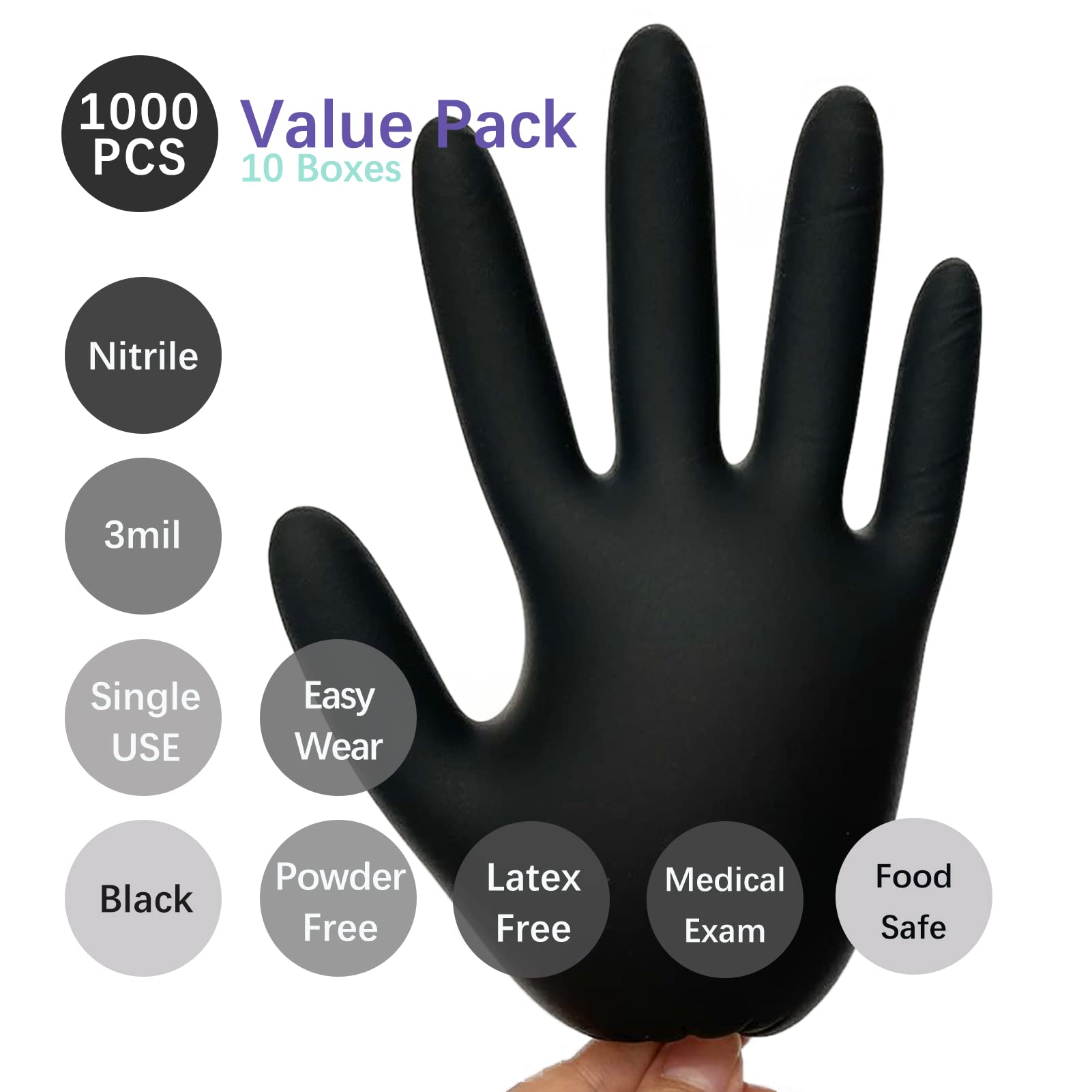 Dr.GreenPanda Black Nitrile Exam Gloves Small 1000pcs 3mil Food Safe