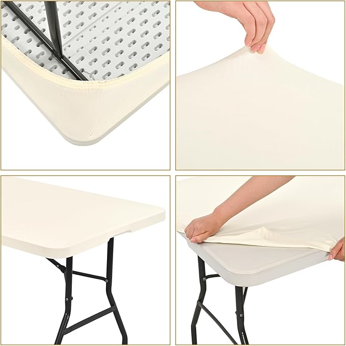 REWOMC 6 Pack Stretch Fabric Table Top Cap Cover, fits 6' Tables, Spandex Table Covers Washable Elastic Rectangle Tablecloth Protector for Indoor Outdoor Party Picnic Wedding, Ivory, 30" W x 72" L