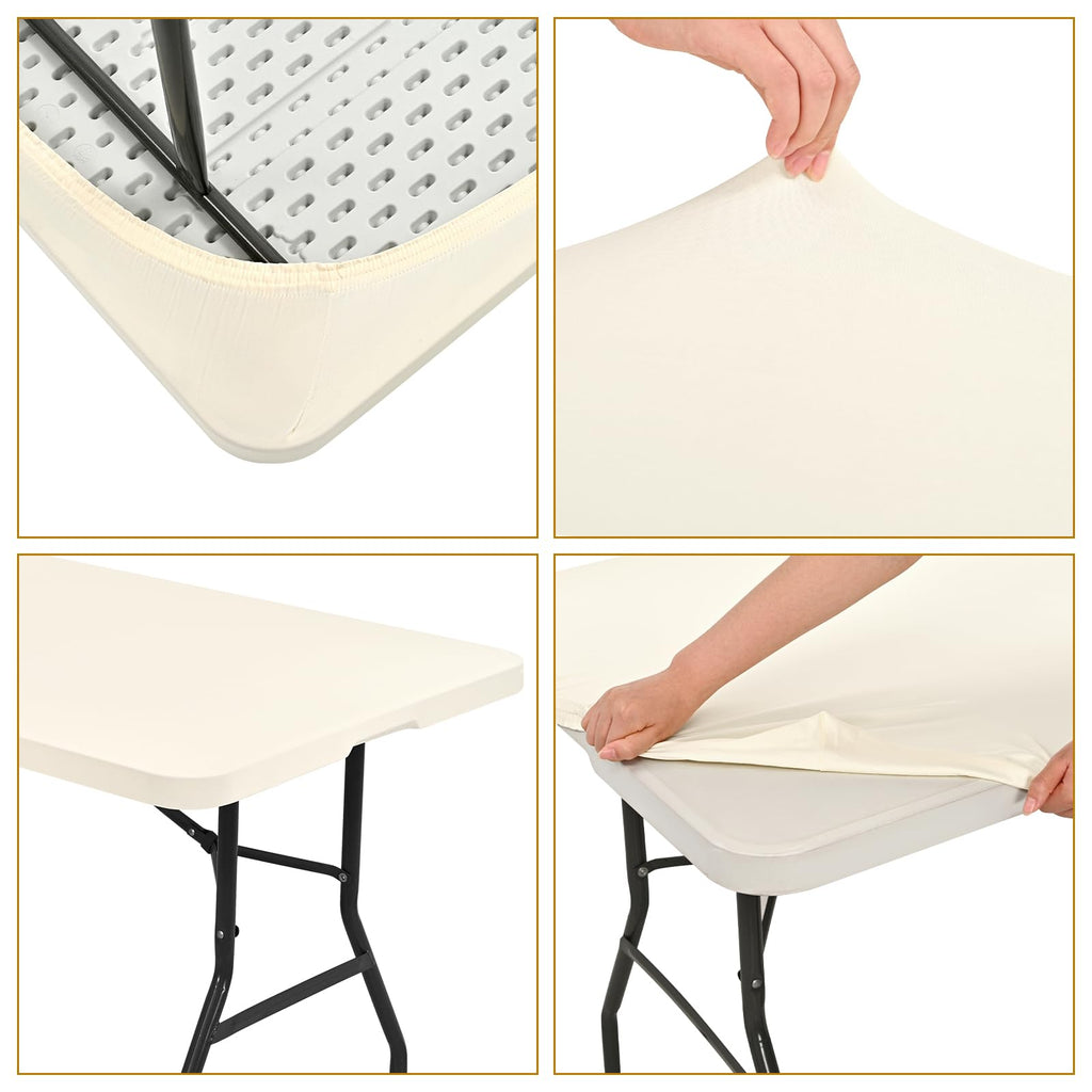 10 Pack Fitted Tablecloth for 6 Foot Rectangle Tables, Ivory Elastic Outdoor Picnic Table Cover, Washable Stretch Folding Table Cloths 6 ft for Camping Party Patio Kitchen Banquet, 30" W x 72" L