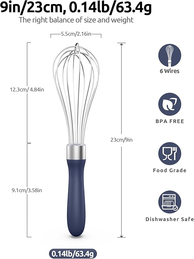 U-Taste Wire Whisk for Cooking, 18/10 Stainless Steel Wisk, S/Midnight Blue