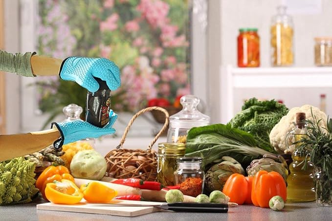 Loveuing Kitchen Oven Gloves - Dual-Layer Heat Resistant Grilling Gloves, Silicone Oven Mitts with 5 Fingers, Waterproof Non-Slip Pot Holder for Barbecue, Cooking, Baking (Small, Blue)