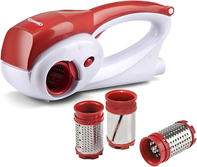 Cushore Electric Hard Cheese Grater, Model CES03D, Red, Stainless Steel, Automatic, Cordless, 3 Interchangeable Blades, Easy to Clean