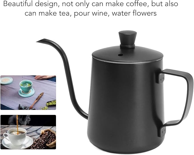 Pour Over Kettle, 12oz Stainless Steel Gooseneck Spout Pour Over Coffee Kettle, Long Narrow Drip Spout Coffee Tea Pots for Precision Pouring, Home Brewing, Camping (12oz, Black with Lid)