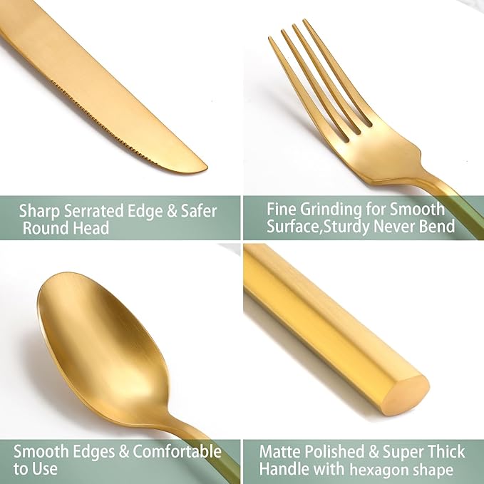 DEACORY Gold Silverware Set Matte Finish Hexagon Handle Service for 12