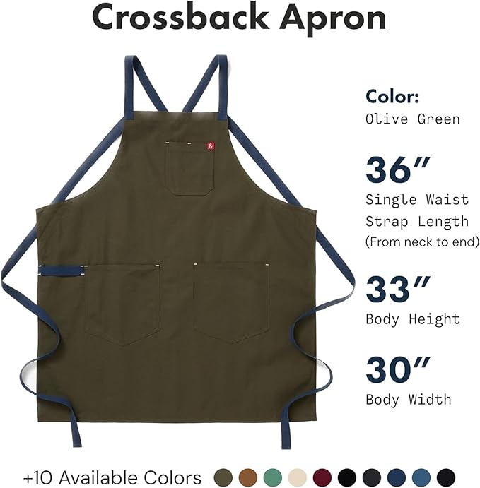 hedley & bennett Crossback Chef Apron, Pockets & Towel Loop, Olive Green