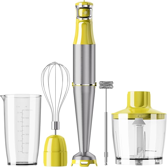 Turelar Immersion Blender Handheld Corded Hand Blenders Set 1100W, Trigger Variable Speed 5 in 1 Stick Emulsifier with Chopper, Whisk and Frother for Soup, Baby Food and Smoothies, Yellow