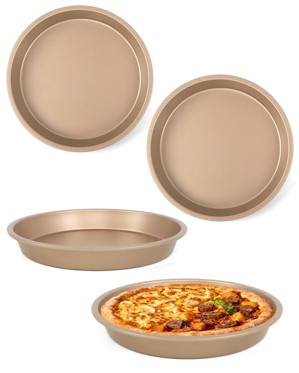 Wuqoioo Round Cake Pans, 4 Pack 9" Nonstick Baking Cake Pans Circle Cake Pan For Birthday Wedding Christmas, Steaming Serving (Gold)