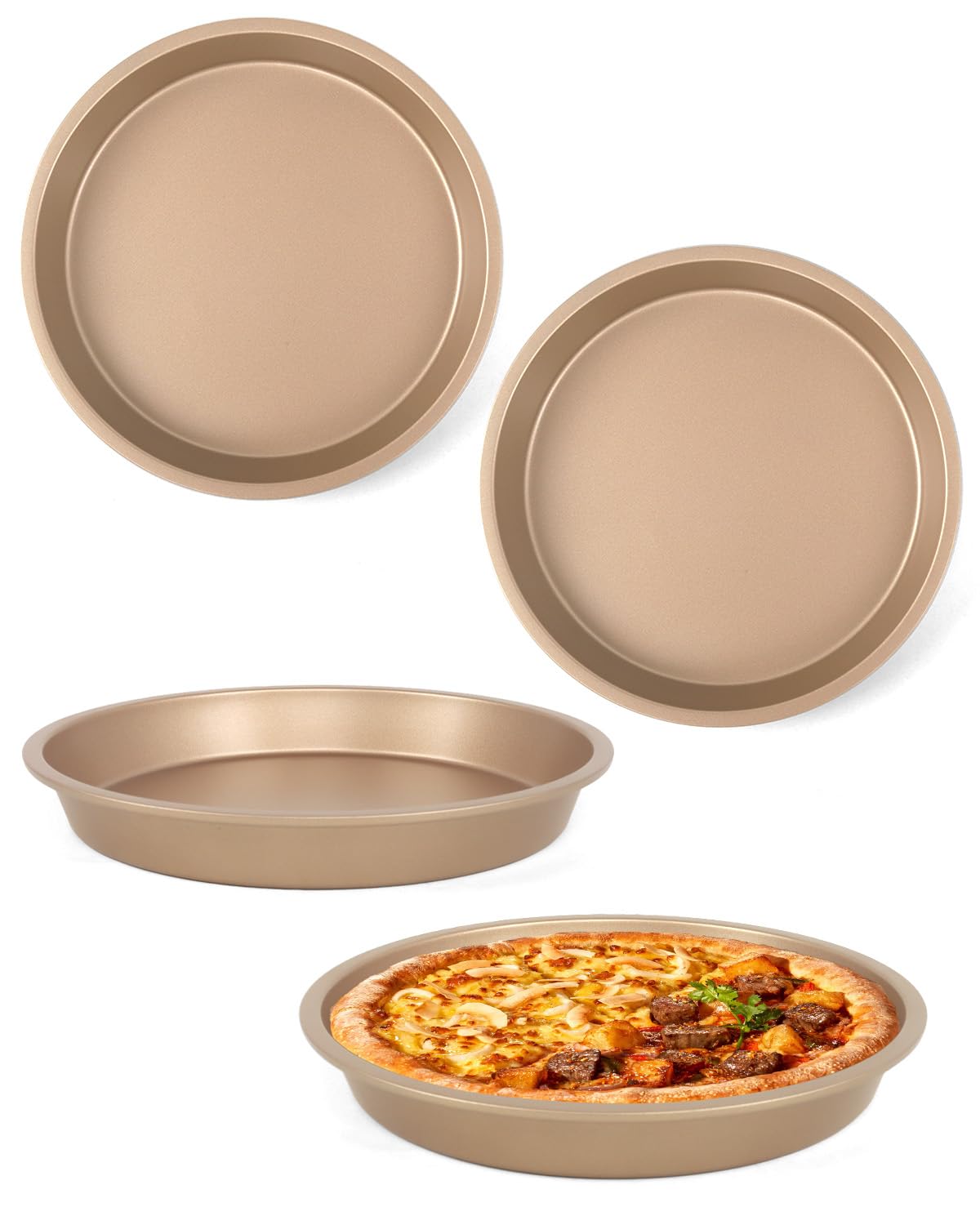 Wuqoioo Round Cake Pans, 4 Pack 9" Nonstick Baking Cake Pans Circle Cake Pan For Birthday Wedding Christmas, Steaming Serving (Gold)