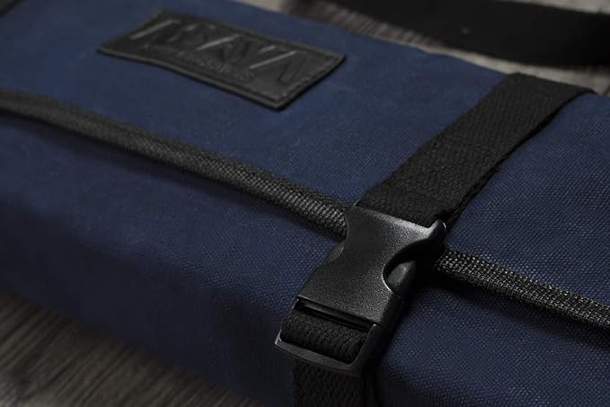 Asaya Waxed Canvas Chef Knife Roll Bag with 10 Slots and a Zipper Pocket - Professional Chef Knife Bag & Storage Case, with Shoulder Strap - Knives Not Included (Blue)