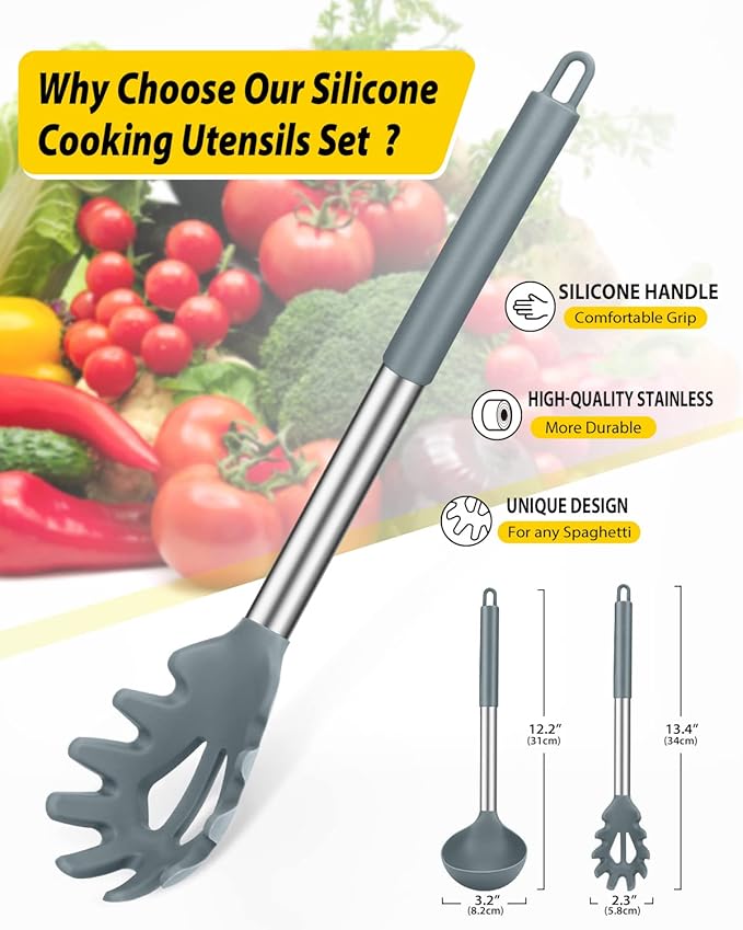 BUNDLEPRO Silicone Pasta Fork and Ladle Spoon Set, 2 Pack, Gray