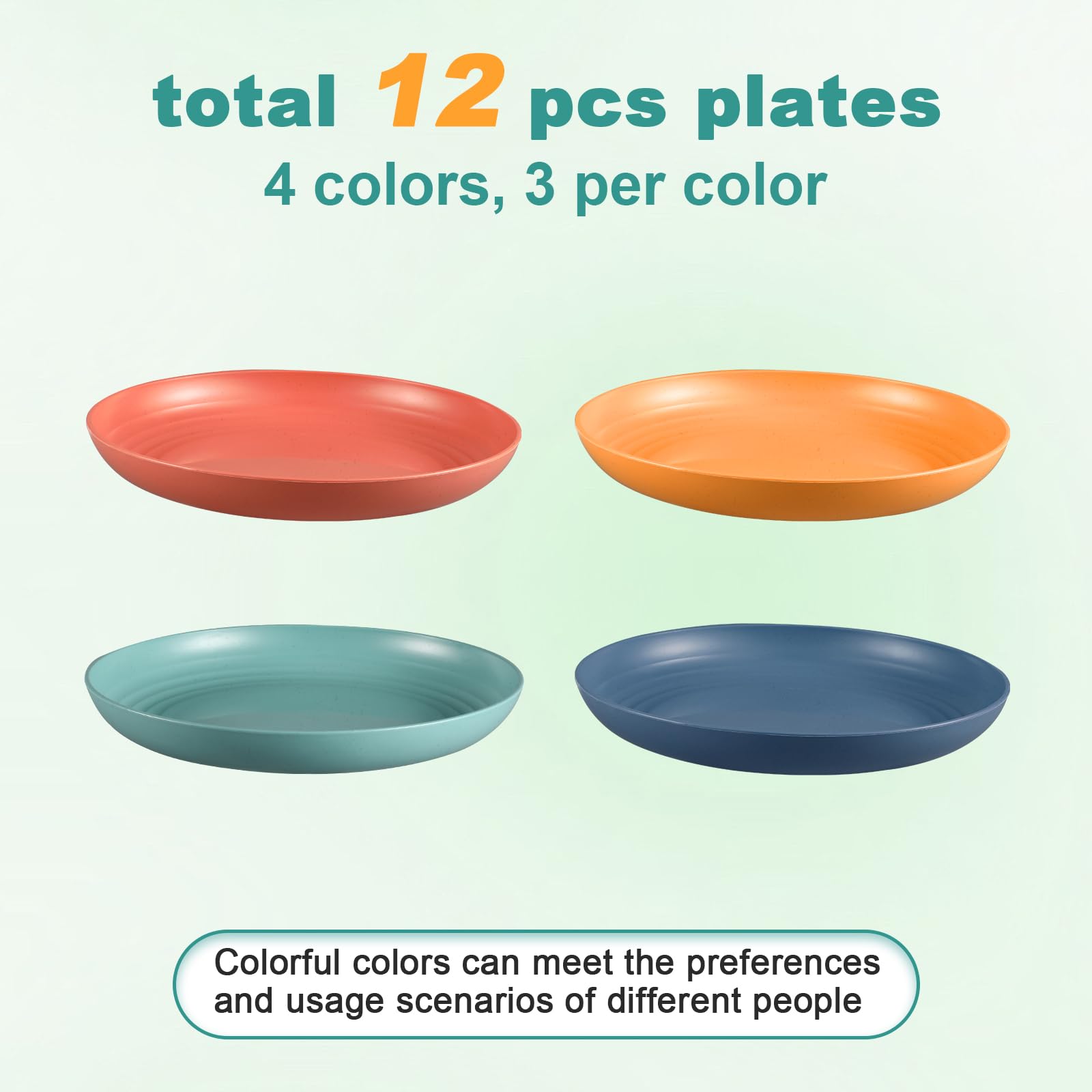 HEYCOME 12 Pcs Unbreakable Deep Dinner Plates Set, 9 inch Reusable Plastic Wheat Straw Plates, Microwave and Dishwasher Safe Plate for Kitchen, Lightweight Plate for Dessert, BPA Free, 4 Colors