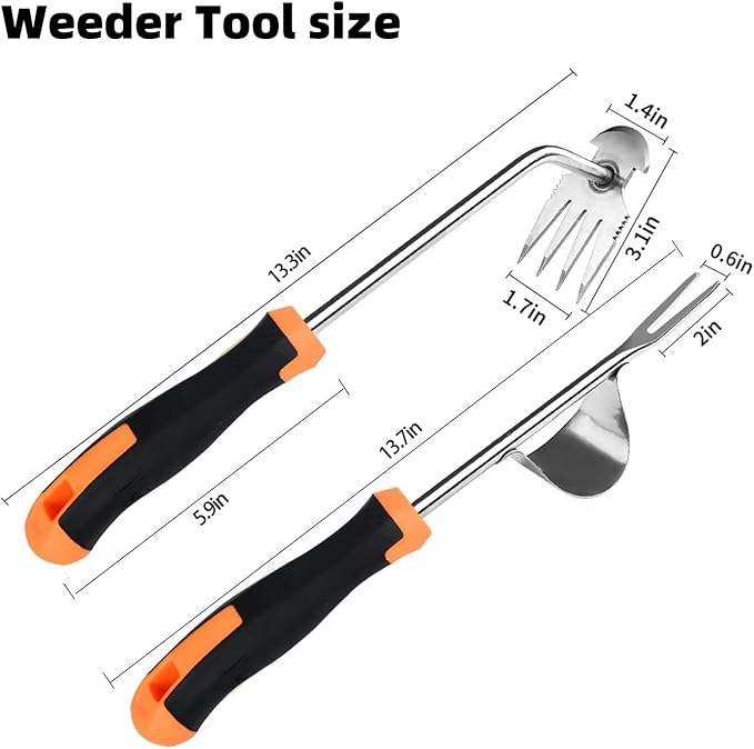 ANGKMA Weed Puller Tool， New Garden Weeder Tool Stainless Steel Hand Weeder Tool,4 Teethes Dual Purpose Weed Remover Tool Weeding Tools for Gardening(2PCS)