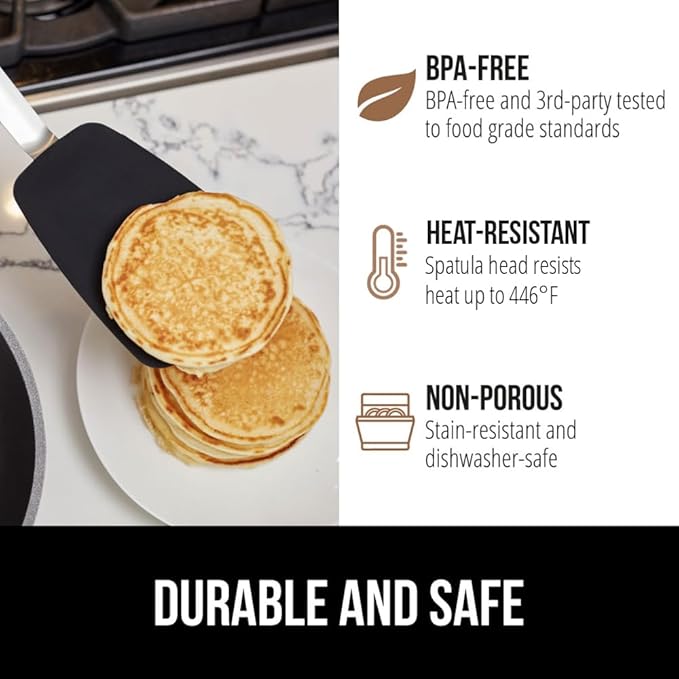 GORILLA GRIP BPA-Free Silicone Spatula for Non Stick Frying Pan, 2 PK, Heat Resistant Flexible Head, Patented Soft Comfortable Handle, Non-Scratch Kitchen Turner, Flip Burgers, Pancakes, 11.6 in Black