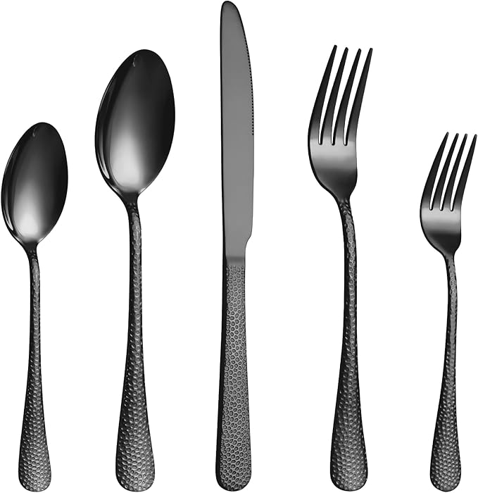 40 Pcs Black Silverware Set for 8, Food Grade Stainless Steel Flatware Set, Eating Utensils Sets Include Fork/Knife/Spoon, Reusable Cutlery Set for Home Kitchen, Dishwasher Safe, Wave Hammered
