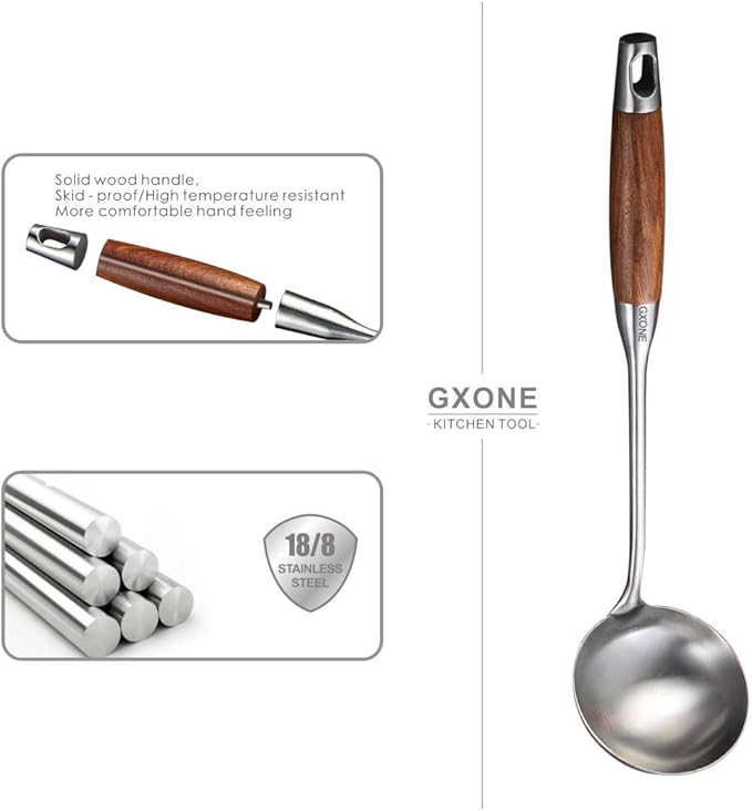 Soup Ladle,304 Stainless Steel Cooking Ladle with Wooden Handle,14.6Inch