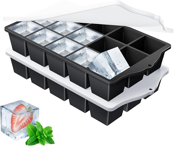 FANYITY Silicone Ice Cube Tray with Lid, Black, Pack of 2 Ice Cube Moulds, Silicone Mould, BPA-Free, Stackable Ice Cube Tray, Ice Cube Trays for Baby Porridge, Cocktail, Whiskey, Coffee