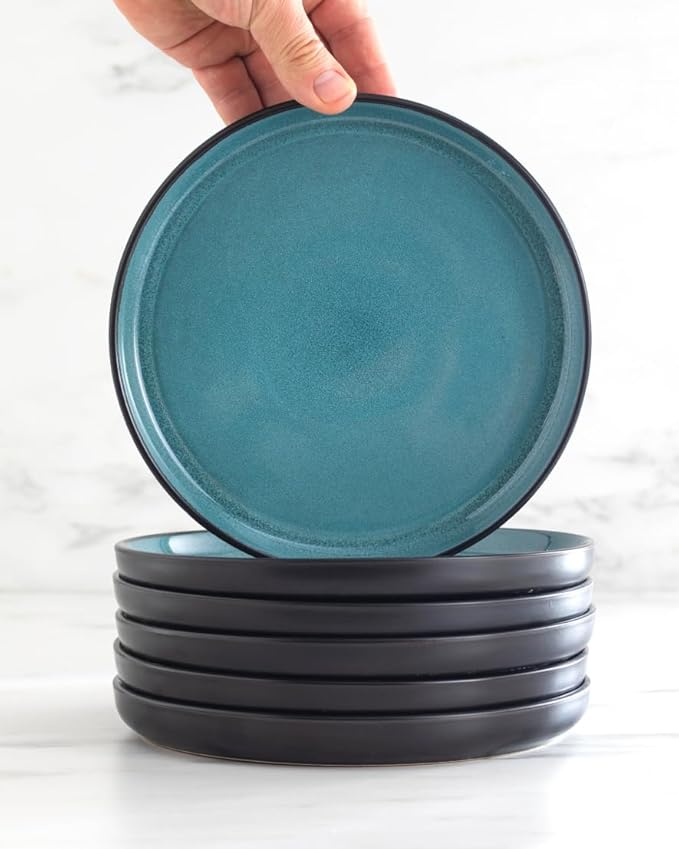 Stoneware Dinnerware Set for 4, 12 Piece Plates and Bowls Set - Handmade Reactive Glaze, Chip & Scratch Resistant Sets - Dishwasher Microwave Safe, Modern Kitchen Dinner Service in Dark Petrol Blue
