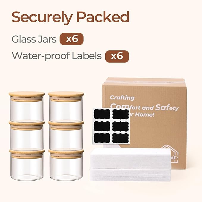 ComSaf Glass Storage Containers With Lids 0.5 Qt, 6 Pack Small Glass Jars