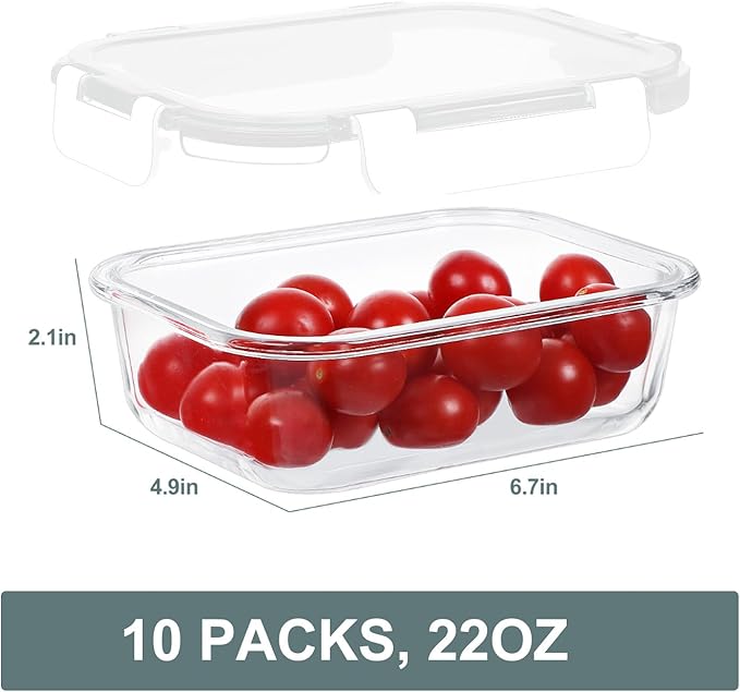 KOMUEE 10 Packs 22 oz Glass Meal Prep Containers with Lids, White