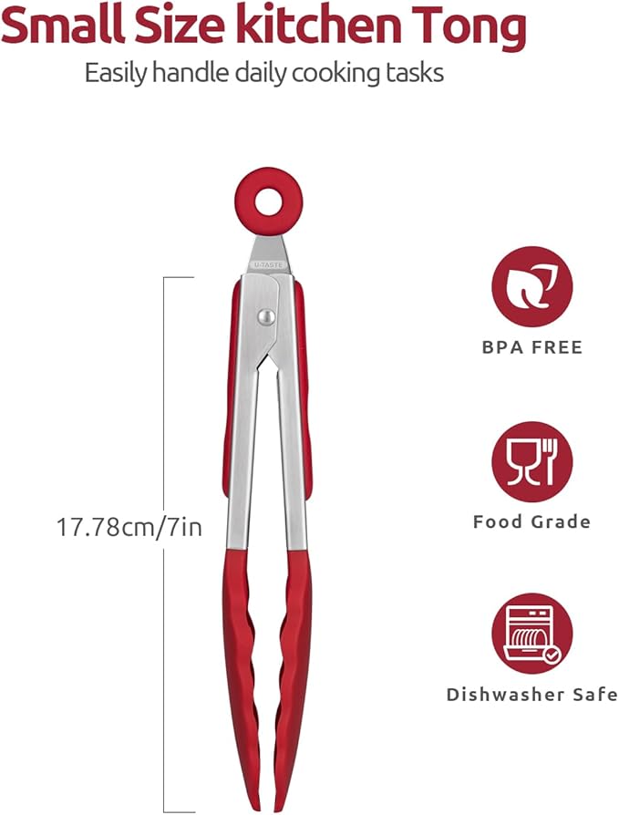 U-Taste Kitchen Tong for Cooking, 600ºF Heat-Resistant Silicone, 7in/Red