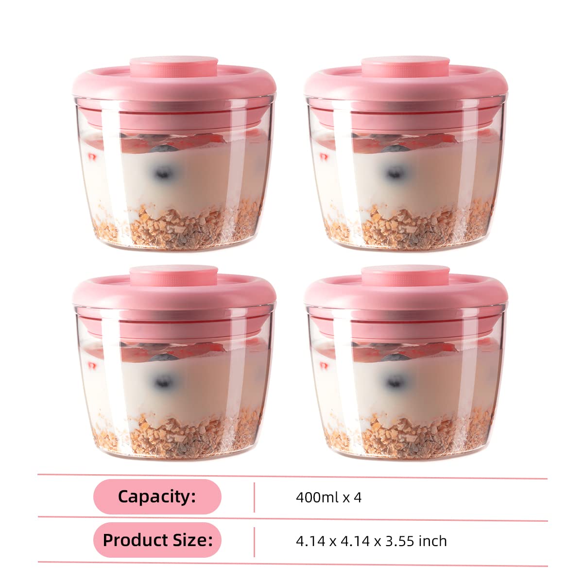 Ankou 400ml Meal Prep Container Set of 4 Pink Tritan Plastic Food Storage Containers with Lids, Airtight Leakproof Pop Top Lid Bowl for Breakfast Leftovers