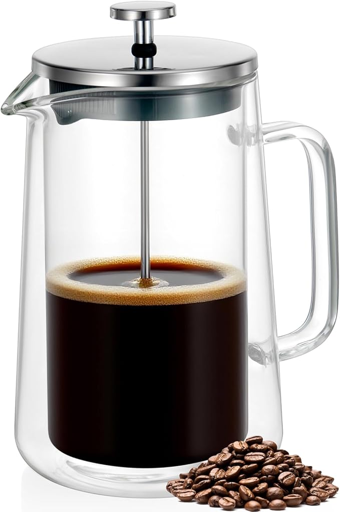 PanSukided French Press Coffee Maker 34Oz (1 Liter), DoubleWall Insulated Borosilicate Glass, Heat-Resistant Design, Stainless Steel Filter for Coffee, Tea & Cold Brew