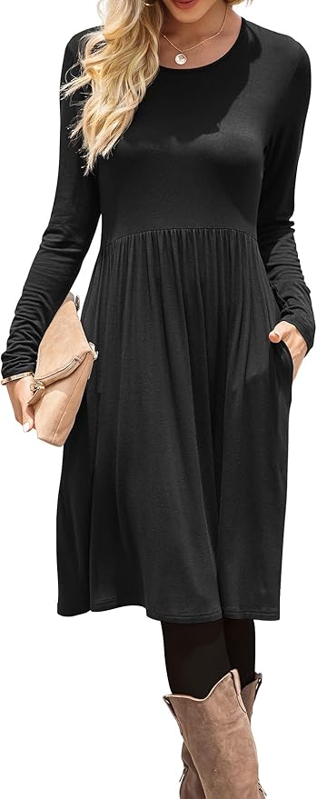 DB MOON Women Casual Long Sleeve Dresses Empire Waist Loose Dress with Pockets (Black, 3XL)