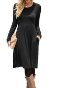 DB MOON Women Casual Long Sleeve Dresses Empire Waist Loose Dress with Pockets (Black, L)