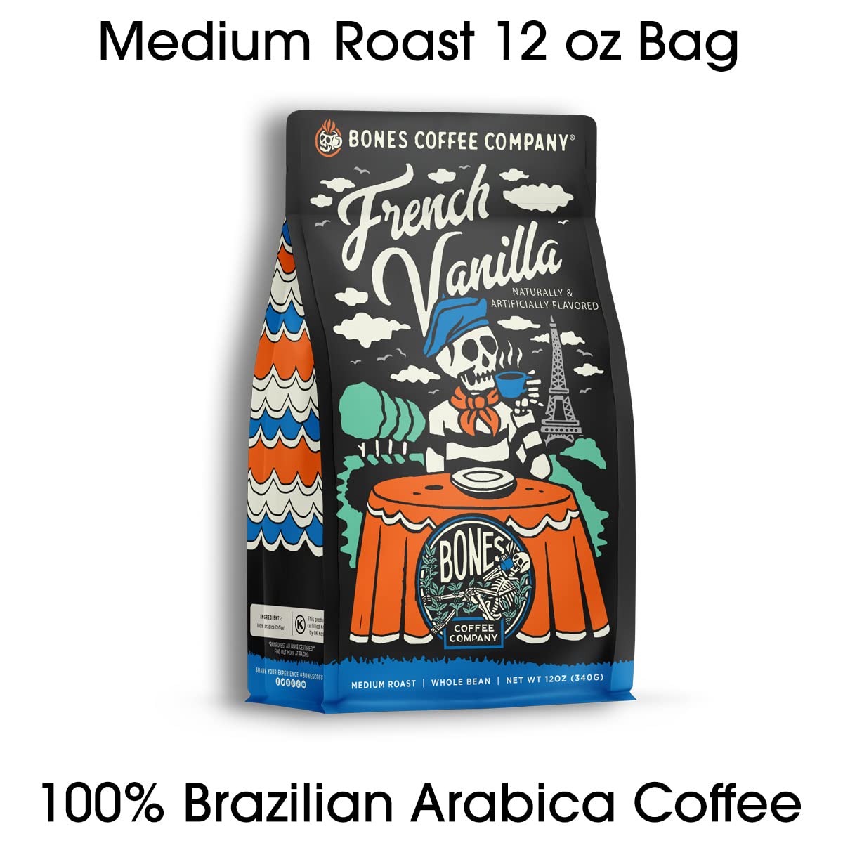 Bones Coffee Company French Vanilla, Creamy Vanilla Flavored Coffee, Medium Roast Low Acid Arabica Beans Compatible with Auto drip and French Press Coffee Maker, 12 Oz Ground