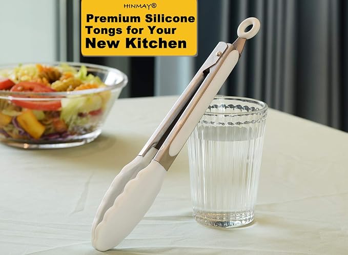 HINMAY Silicone Kitchen Tongs 9-Inch Basics Tongs, Set of 3 (White)