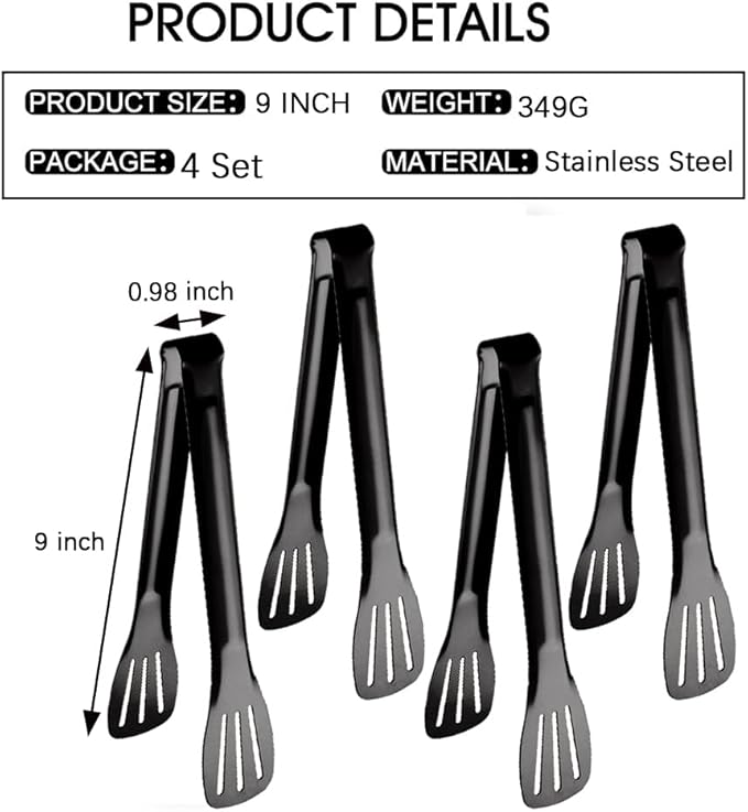 IAXSEE 4 PCS Serving Tongs Black Tongs 9 Inch Serving Utensils Stainless Steel Serving Tongs for Salad Buffet Appetizer Dessert Tong for Food Parties