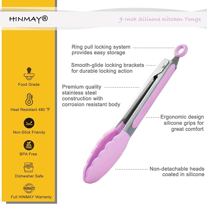 HINMAY Serving Tongs with Silicone Tips 9-Inch Food Tongs, Set of 3 (Pink)