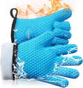 Loveuing Kitchen Oven Gloves - Dual-Layer Heat Resistant Grilling Gloves, Silicone Oven Mitts with 5 Fingers, Waterproof Non-Slip Pot Holder for Barbecue, Cooking, Baking (Small, Blue)