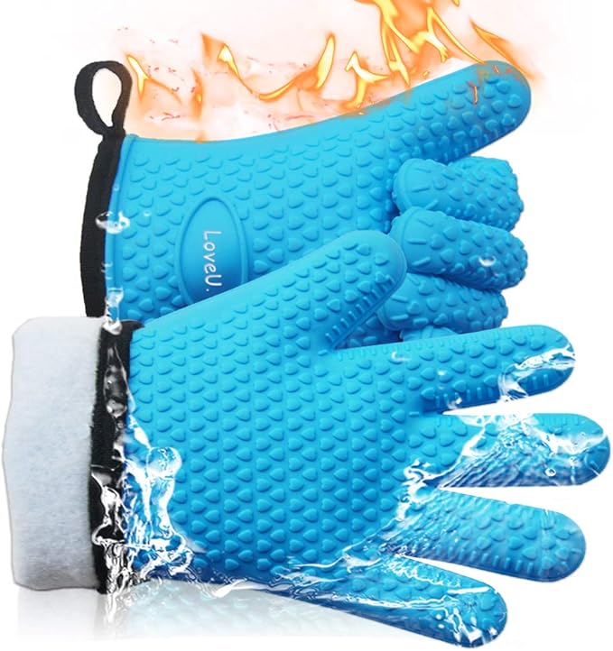 Loveuing Kitchen Oven Gloves - Dual-Layer Heat Resistant Grilling Gloves, Silicone Oven Mitts with 5 Fingers, Waterproof Non-Slip Pot Holder for Barbecue, Cooking, Baking (Small, Blue)