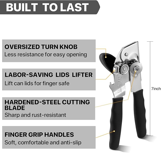 UHIYEE Heavy Duty Hand Can Opener with Comfortable Grip for Seniors, Black