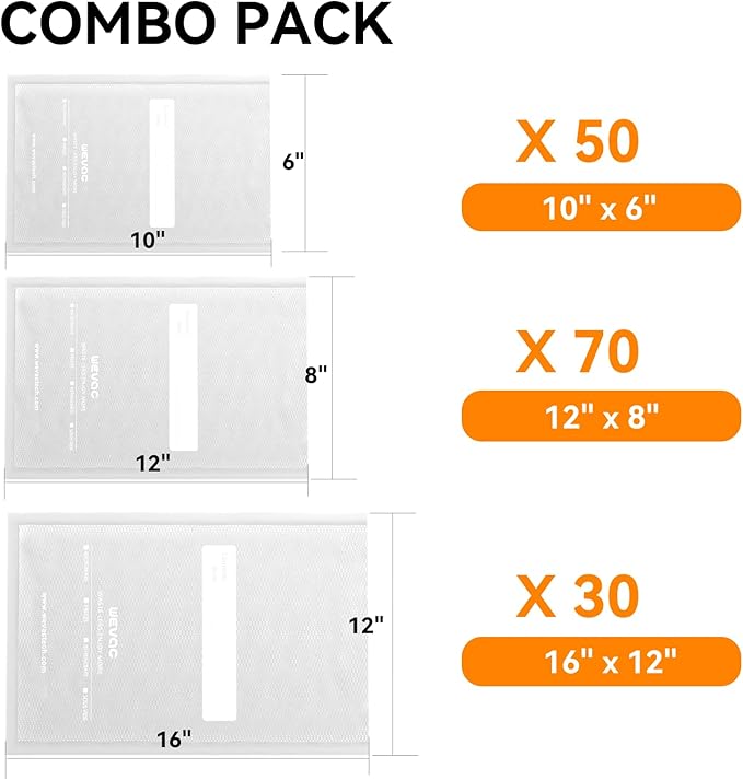 Wevac Vacuum Sealer Bags,150Pcs Gallon 11"x16", Quart 8"x12", Pint 6"x10"