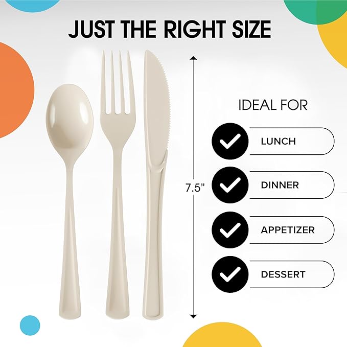 Party Solids Ivory Plastic Silverware Heavy Duty 150 Pieces Ivory Disposable Silverware Heavy Duty, Utensil Sets, 50 Of Each Forks, Knives & Spoons Disposable Cutlery Set For Party Supplies
