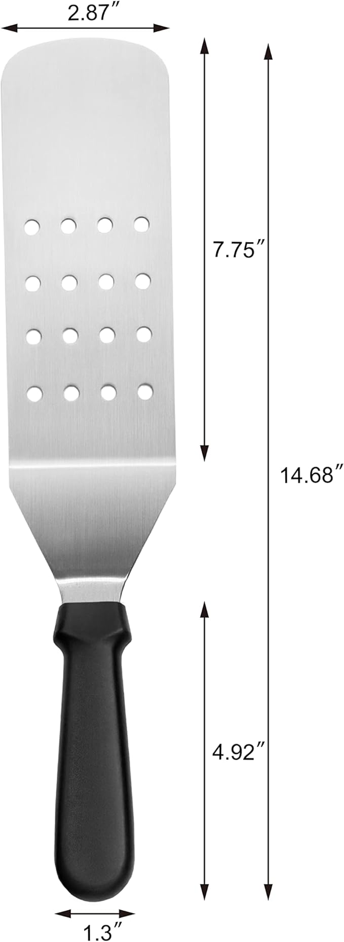 New Star Foodservice 14.5 Inch Perforated Flexible Grill Turner, Stainless Steel Spatula with Black Plastic Handle for Griddle, Flat Top, Grill, and Restaurant Use