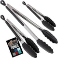GORILLA GRIP Stainless Steel BPA-Free Kitchen Tongs for Cooking, 7+9+12 Inch, Heat Resistant BBQ Tong Set of 3, Non Scratch Silicone Tip for Pan, Strong Grip, Grab Food, Toss Salad, Pull Lock, Black
