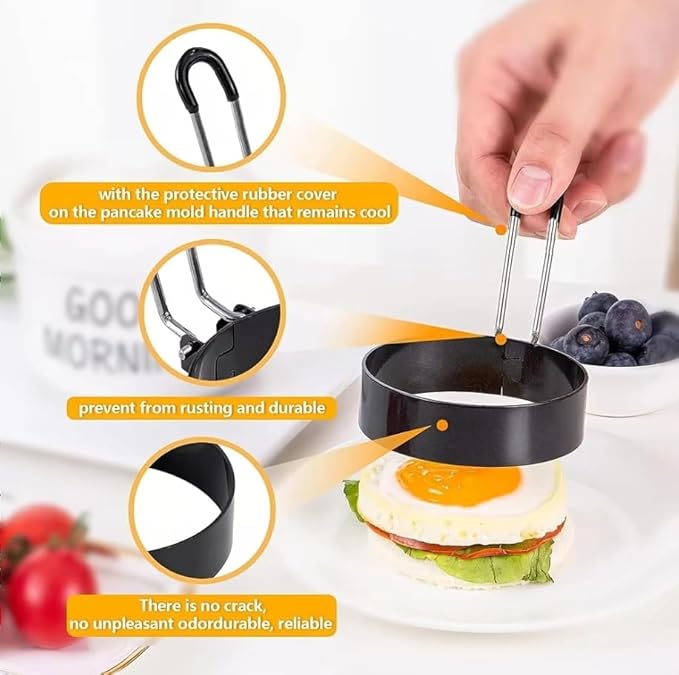 3.5" Egg Rings Set of 4 with Silicone Handle, Large Ring for Frying Eggs, Round Mold for English Muffins - Griddle Cooking Shaper for Indoor Camping Breakfast Sandwiches w/Silicone Oil Brush