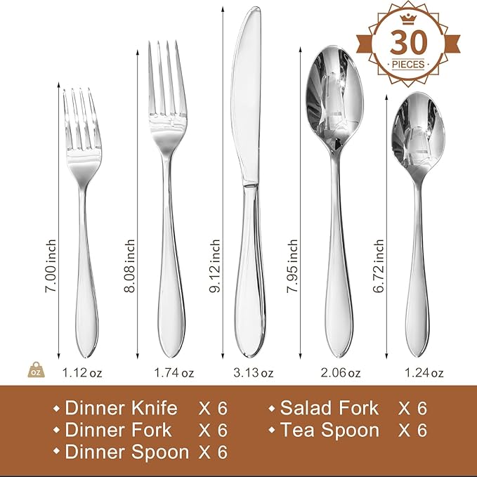 KINGSTONE 30-Piece Silverware Set for 6,18/10 Stainless Steel