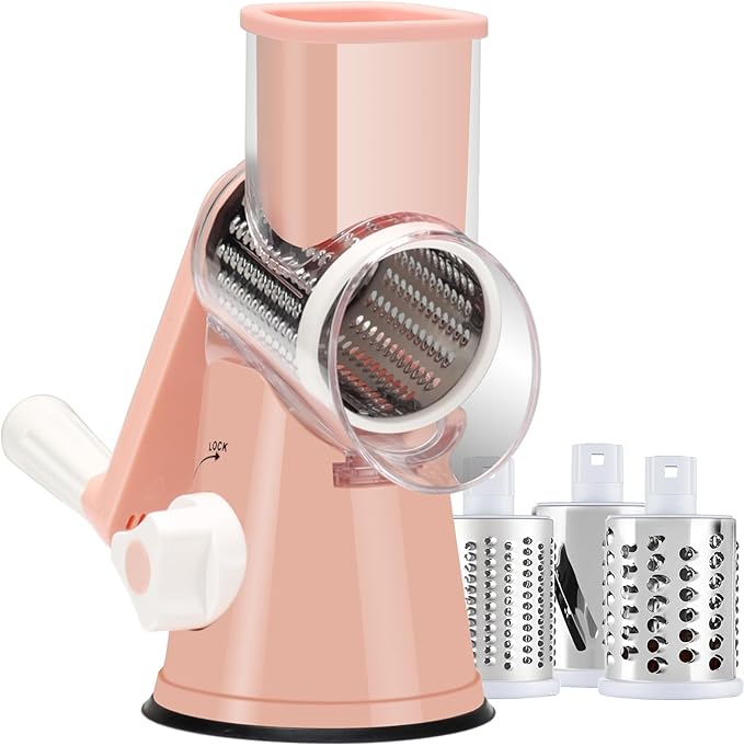 Ancevsk Rotary Cheese Grater with Handle, Round Mandoline Speed Kitchen Slicer, 3 in 1 Multifunctional Vegetable Shredder Manual Nut Grinder for Nuts, Potato, Carrot, Cucumber (Pink)