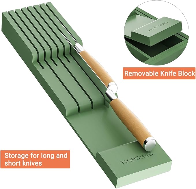 TIOPGHAD Expandable Bamboo Silverware Drawer Organizer Tray, Grayish Green