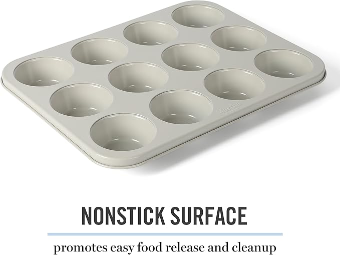 Martha Stewart Gallen 12 Cup Nonstick Carbon Steel Muffin and Cupcake Pan – Cool Grey, Durable Bakeware for Even Baking and Easy Release